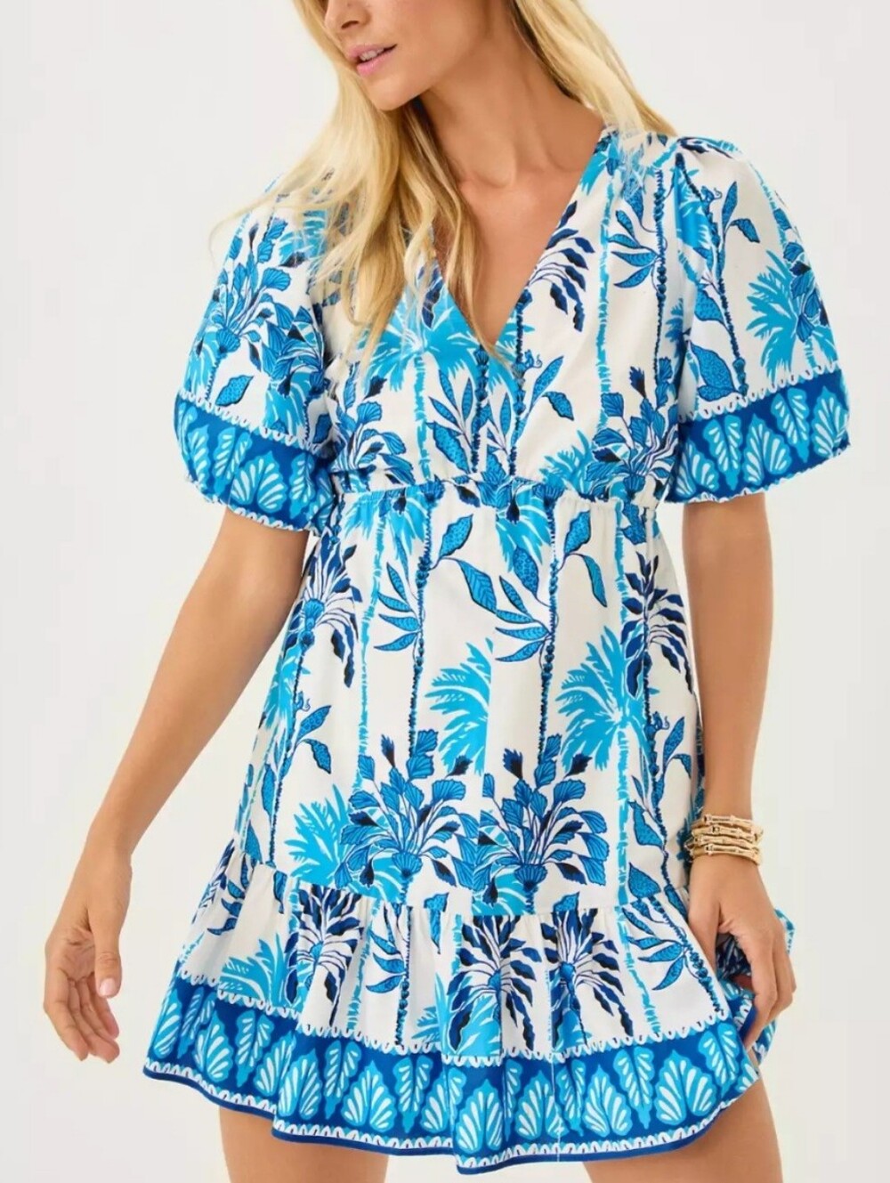 Lilly Pulitzer "Kentlee" Blue & White V-Neck Puff Sleeve Dress